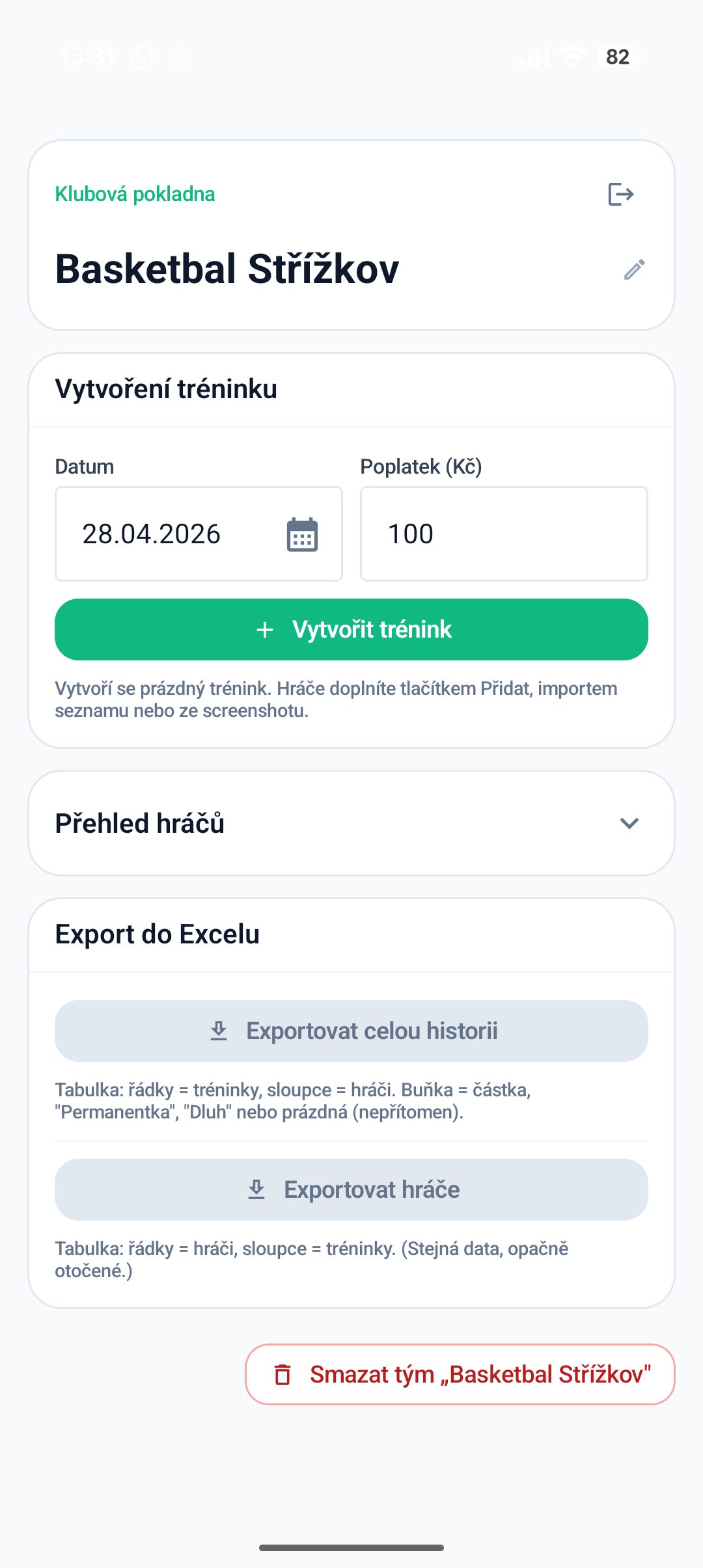 Tým — vytvoření tréninku